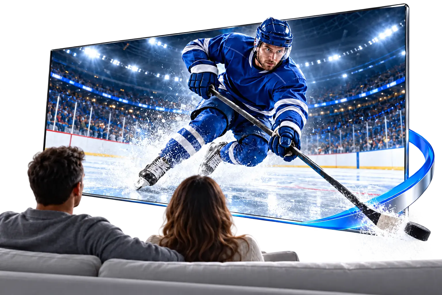 Illustration of two viewers watching a hockey player and stick extending beyond a chrome screen.