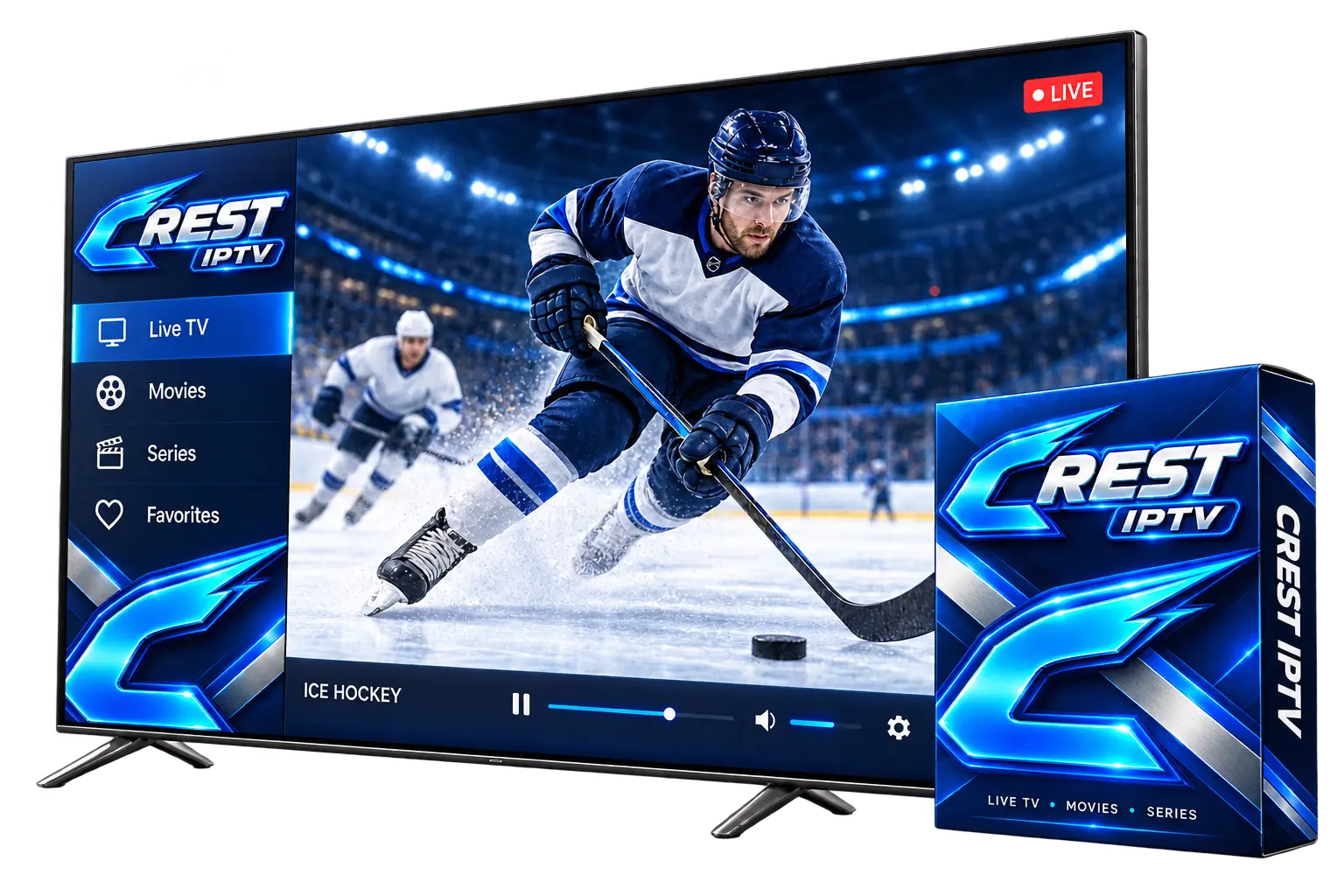 A television showing an ice hockey scene beside Crest IPTV branded packaging.