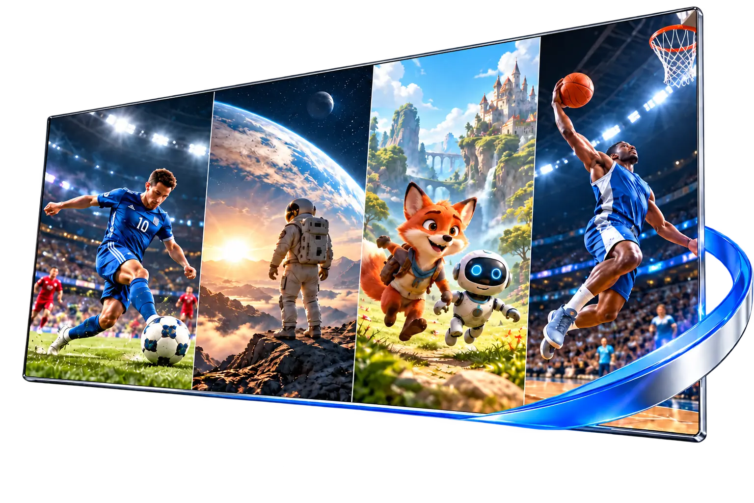 A chrome screen showing football, a cinematic space scene, animation and basketball in four columns.